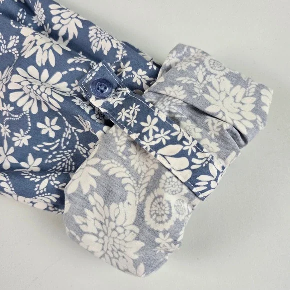 CHAPS Women's Floral Shirt Dress Button Front Ruffle Roll Tab Sleeve Blue Medium - Picture 11 of 14